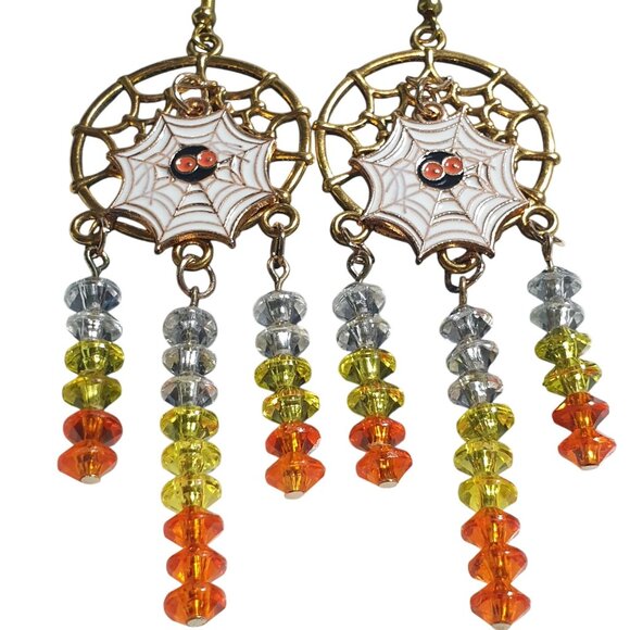 Spiderweb Earrings Halloween Dangle Handmade By Donovan 3.5 Inch Beaded Drop - Picture 2 of 5